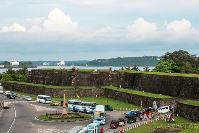 Historic galle fort dominates a coastal landscape.
